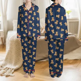 Women's Deep Navy Blue Illustrative Golden Brown Caramel Scattered Teddy Bear Pattern Satin Pajamas Set