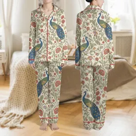 Women's Classical Ivory Botanical Peacock, Blue Teal Green Coral Floral Design Satin Pajamas Set