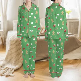 Women's Vibrant Christmas Green Flat Graphic Festive Pattern with Candy Canes Gingerbread Ornaments Holly Gifts Satin Pajamas Set