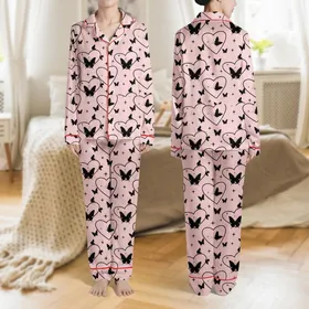 Women's Pastel Pink Black Butterfly Star & Overlapping Heart Outline Pattern Satin Pajamas Set