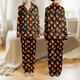 Women's Vibrant Abstract Fiery Wisps, Orange Yellow Magenta Pink Curves on Black Satin Pajamas Set