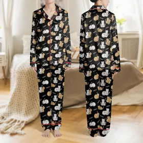 Women's Whimsical Cartoon Cat All-Over Pattern Black Tan White Pink Hearts White Meow Satin Pajamas Set