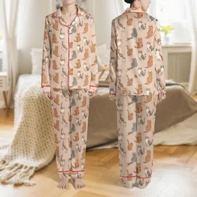 Cat Lovers' Whimsical Hand-Drawn Watercolor Cat Motif in Caramel, Grey & Calico on Blush-Beige Satin Pajamas Set
