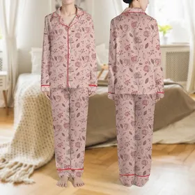 Women's Muted Rose Pink Minimalist Stylized Floral Botanical Pattern Delicate Black Line & Dusty Pink Shapes Satin Pajamas Set