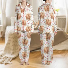 Cottagecore Fans' Fluffy Highland Cow Watercolor Wildflower Meadow in Pink, Green, Brown Satin Pajamas Set
