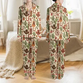 Women's Rustic Hand-Drawn Western Desert Pattern Earthy Brown Green Red Cowboy Hats & Boots Satin Pajamas Set