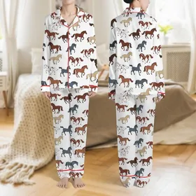 Women's Lively Cartoon Horse Breeds Scattered Print Dynamic Poses Reddish-Brown Black Tan Blue-Gray Satin Pajamas Set