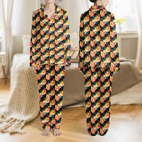 Dynamic Style Seekers' Bold Black Abstract Yellow Orange Flame Muted Teal Coral Blob Pink Five Pcs Art Satin Pajamas Set