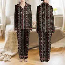 Women's Intricate Bohemian Folkloric Vertical Stripe Hand-Drawn Motifs Black-Brown Earthy Jewel Tones Satin Pajamas Set