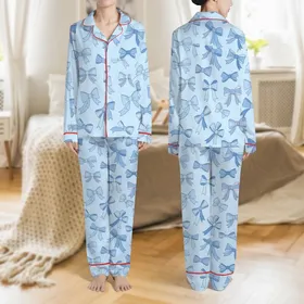 Women's Whimsical Assorted Blue Bows Pattern, Pastel Baby Blue, Pink Accents, Hand-Drawn Polka Dot & Stripe Details Satin Pajamas Set