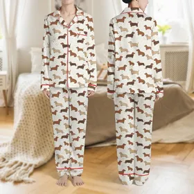 Dachshund Lovers' Cream Flat Art Dog Scatter Print with Brown & Striped Figures Satin Pajamas Set