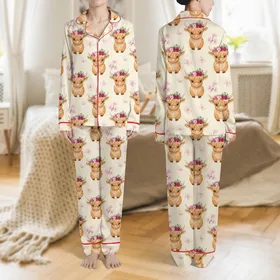 Women's Whimsical Baby Highland Cow Fuchsia Pink Cherry Blossom Butterfly Pattern Satin Pajamas Set