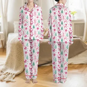 Women's Whimsical Fuchsia Pink Santa, Elegant Reindeer & Teal Green Holiday Pattern Satin Pajamas Set
