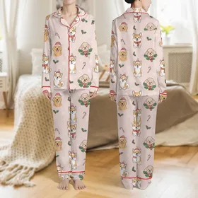 Women's Whimsical Pale Pink Christmas Dogs Santa Hats & Holly Illustrative Pattern Satin Pajamas Set