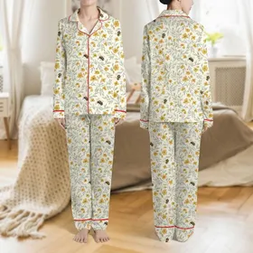 Women's Soft Cream Bumblebee & Muted Golden Wildflower Grey-Green Botanical Pattern Satin Pajamas Set