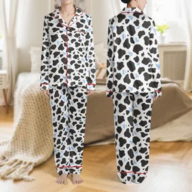 Modern Organic Design Fans' Abstract Cow Spot Hand-Drawn Black White Sky Blue Seamless Pattern Satin Pajamas Set