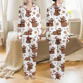 Women's Whimsical Christmas Highland Cow Red Santa Hat Plaid Candy Cane Gingerbread Snowflake Pattern Satin Pajamas Set