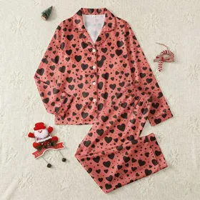 Women's Vibrant Coral Red Flat Graphic with Dense Scattered Black Heart Shapes & Tiny Polka Dots Satin Pajamas Set