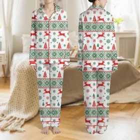 Women's White Red Forest Green Nordic Folkloric Reindeer Christmas Tree Snowflake Geometric Pattern Satin Pajamas Set