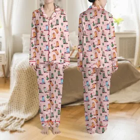 Women's Whimsical Western Cowboy Boot & Cactus Pastel Rose Pink Pattern with Leopard Spots, Stars, Teal & Fuchsia Satin Pajamas Set