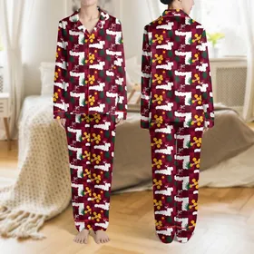 Women's Holiday Crimson & White Stylized Tapestry with Golden Lights & Green Pine Frond Pattern Satin Pajamas Set