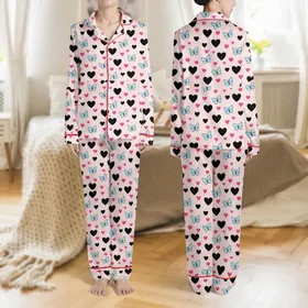 Women's Cute Pale Pink Black Heart Light Blue Butterfly Vibrant Pink Scatter Pattern Satin Pajamas Set