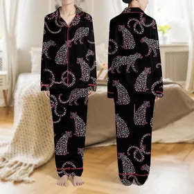 Women's Bold Fuchsia Black White Leopard Dot Pattern Flowing Tails Graphic Art Satin Pajamas Set