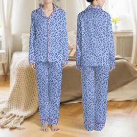 Women's Delicate Abstract Leopard Rosettes & Fluid Organic Shapes in Soft Powder Blue Periwinkle Satin Pajamas Set