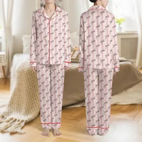 Women's Soft Pink Tone-on-Tone Striped Pattern with Black Script LOVE Hearts & Dot Clusters Satin Pajamas Set