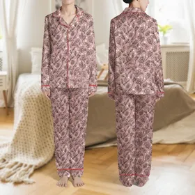 Women's Muted Dusty Rose Pink Abstract Botanical Line Art Seamless Pattern with Cream Dots Satin Pajamas Set