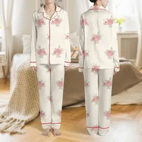Women's Refined Creamy Off-White Lace Dusty Rose Mauve Sage Green Floral Print Satin Pajamas Set