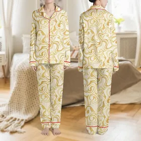 Women's Luxurious Champagne Gold Ivory Abstract Liquid Swirl Pattern Satin Pajamas Set