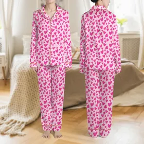 Women's Cute Whimsical Soft Pastel Pink Dense Fuchsia Hearts All-Over Illustrative Pattern Satin Pajamas Set