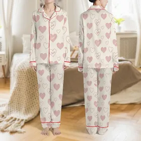 Women's Soft Illustrative Cream-White Dusty Rose Pink Scattered Heart Love Ribbed Pattern Satin Pajamas Set