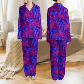 Women's Elegant Fuchsia Royal Blue Purple Ornate Lace Abstract Flowing Pattern Satin Pajamas Set