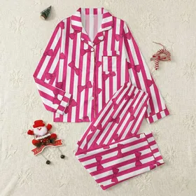 Women's Crisp Hot Pink White Vertical Stripes Scattered Bright Pink Reddish-Brown Bows Satin Pajamas Set