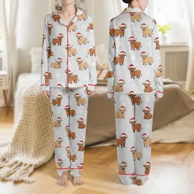 Women's Charming Baby Highland Cow Festive Red Santa Hat Snowflake Pattern Heather Grey Satin Pajamas Set