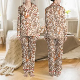 Women's Vintage Etching Woodland Foxes Deer Rabbit Illustrative Forest Scene Rusty Brown Sienna Cream Satin Pajamas Set