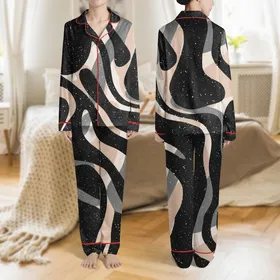 Women's Abstract Black Charcoal Fuzzy Organic Forms Pale Peach Sheer Illusion Pattern with Silver Speckles Satin Pajamas Set