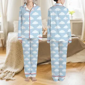 Women's Serene Pastel Sky Blue Tonal Abstract Soft Cloud Pattern Satin Pajamas Set