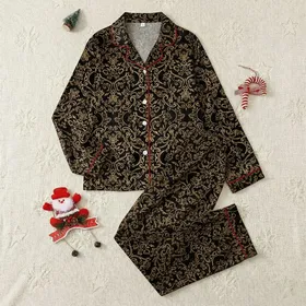 Women's Luxurious Jet Black Gold Ornate Baroque Floral Lace Pattern Satin Pajamas Set