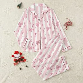 Women's Soft Pastel Pink White Striped Fuchsia Bow Heart Starburst Pattern Satin Pajamas Set