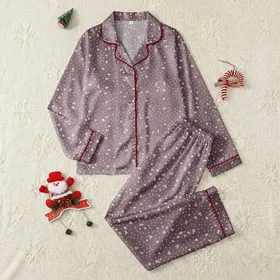 Women's Muted Mauve Pink Minimalist Flat White Bow Heart Star Pattern Satin Pajamas Set
