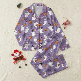Women's Whimsical Lavender Purple Halloween Ghost Pumpkin Spiderweb Star Pattern Satin Pajamas Set