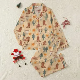 Women's Playful Sandy Beige Western Longhorn Skull Blush Floral Cactus Marigold Sun Pattern Satin Pajamas Set