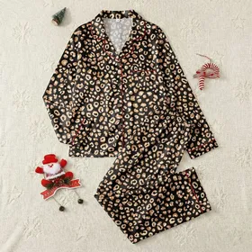 Women's Deep Black Tan Brown Irregular Leopard Spot Pattern with Subtle Pink Accents Satin Pajamas Set