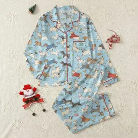 Women's Whimsical Dog Breeds Light Blue Playful Pugs Poodles Dachshunds Art Satin Pajamas Set