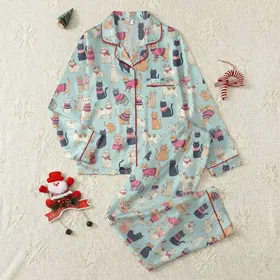 Women's Whimsical Hand-Drawn Cats Seamless Pattern on Pastel Aqua Blue with Vibrant Knitwear Satin Pajamas Set