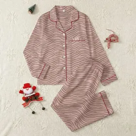 Women's Subtle Dusty Rose Pink Organic Wavy Ribbed Pattern with Muted Brown-Grey Satin Pajamas Set