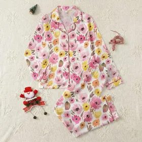 Women's Impressionistic Watercolor Floral Blush Rose Fuchsia Poppy Blossom All-Over Print Satin Pajamas Set